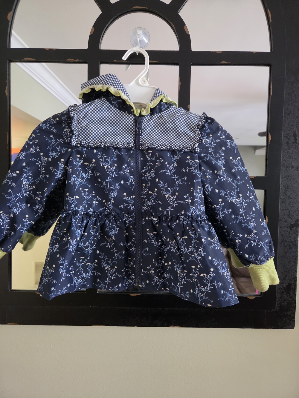 Matilda Jane Navy Floral Ruffle Raincoat with Lime Trim